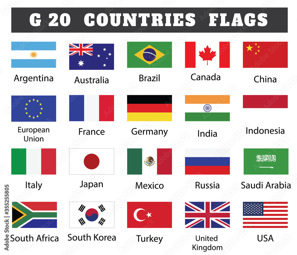 G 20 Countries Flags Collection. Member countries flags of G 20 drawing by illustration Stock