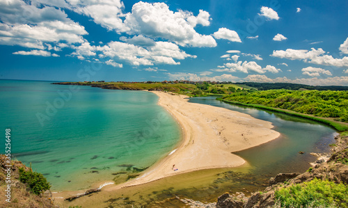 A beach at the mouth of the Veleka river.Sinemorets is a village and seaside resort on the Black Sea coast of Bulgaria, located in the very southeast of the country close to the border with Turkey