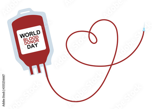 World blood donor day banner with red bloody plastic container and sign. A blood donation bag with tube shaped as a heart isolated on white background. EPS10 vector illustration format