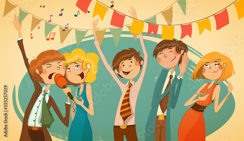 Cheerful corporate party. Karaoke, songs, dancing people.