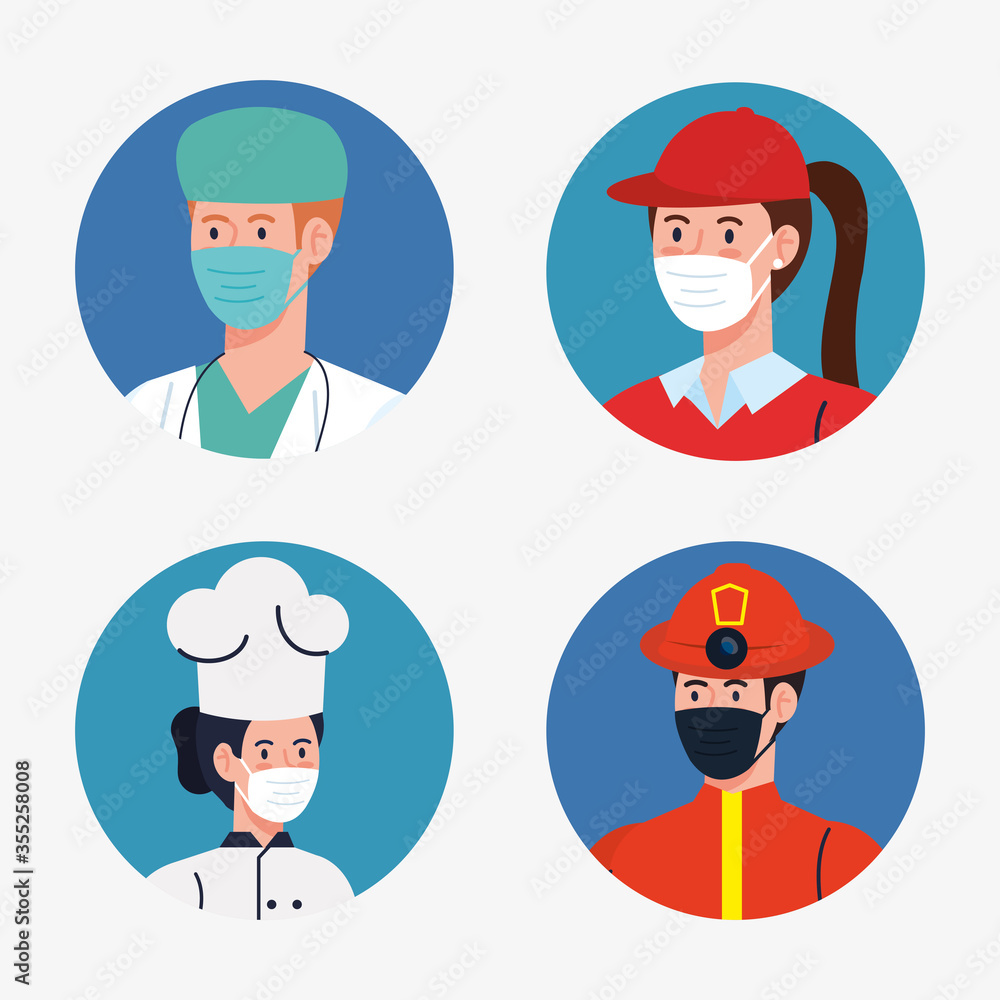 people workers with uniforms and workermasks vector design people workers with uniforms and workermasks vector design