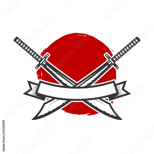 Emblem with crossed katana swords. Design element for logo, label, sign, poster, t shirt. Vector illustration