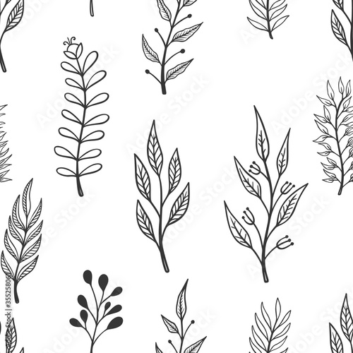 Seamless pattern with doodle style floral elements. Design element for poster, card, banner, t shirt. Vector illustration