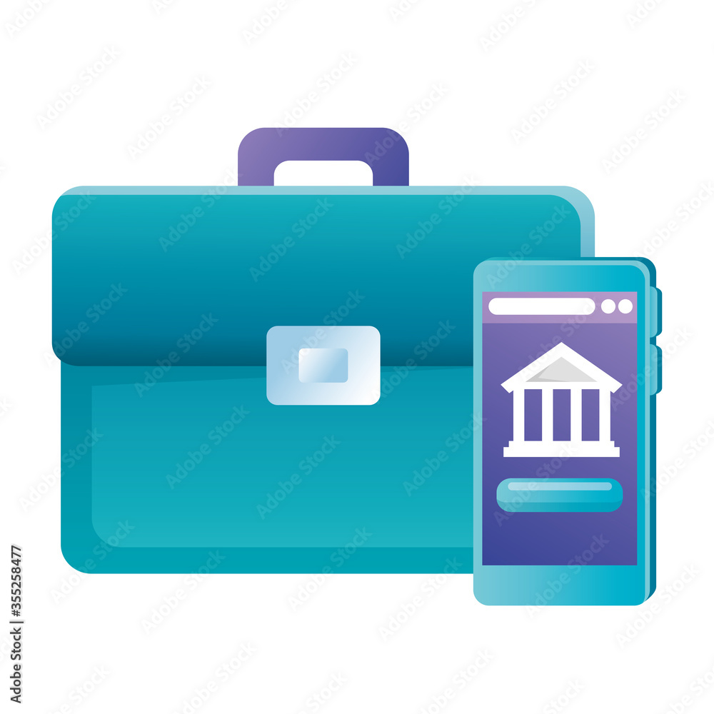 Isolated suitcase and smartphone with bank vector design Isolated suitcase and smartphone with bank vector design