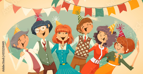 Cheerful corporate party. A good company cheerful people, hugs and songs in chorus.