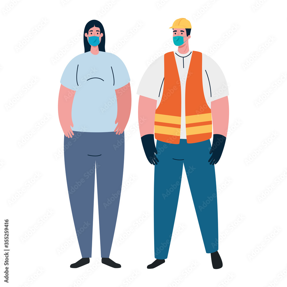 male constructer and woman with masks vector design