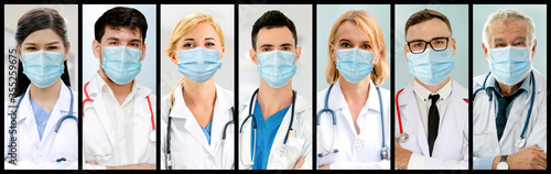 Doctor, nurse and medical staff portrait face photo banner set in concept of hospital people fighting 2019 coronavirus disease or COVID-19 pandemic outbreak. photo