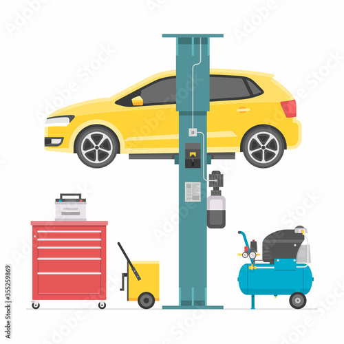 Car lifting. Automobile in auto workshop. flat style. isolated on white background
