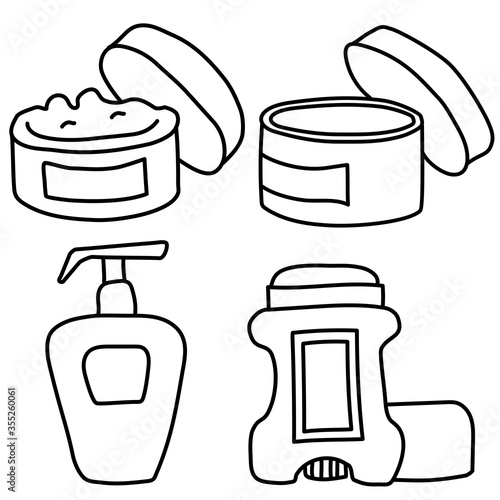 Contour drawings of cosmetics for the body. Cream, jar with an open skin care product, tonic and deodorant. Sign and line. Vector black outline.