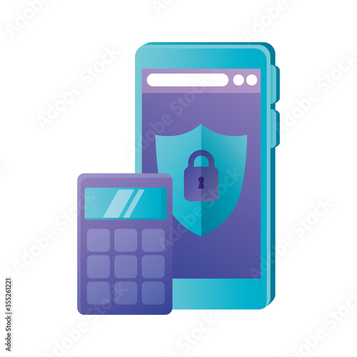 Isolated calculator and smartphone with shield vector design