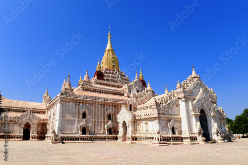 The Ananda Temple with its golden tower is a large buddhist temple and one of Bagan's most important pagoda. Old Bagan, Myanmar (Burma)