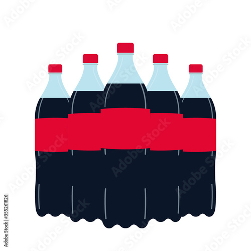 Red bottle of black soda in plastic packaging. Symbol fast food drink. Refreshing carbonated cola drink. Vector flat design illustration