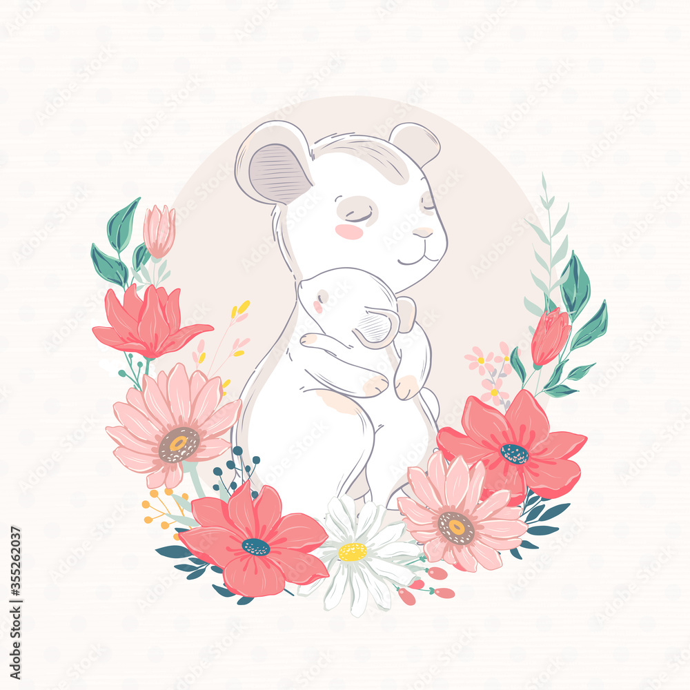 Fototapeta Animal family character. Vector illustration. Mom and baby. Happy mother day. Mom I love you.
