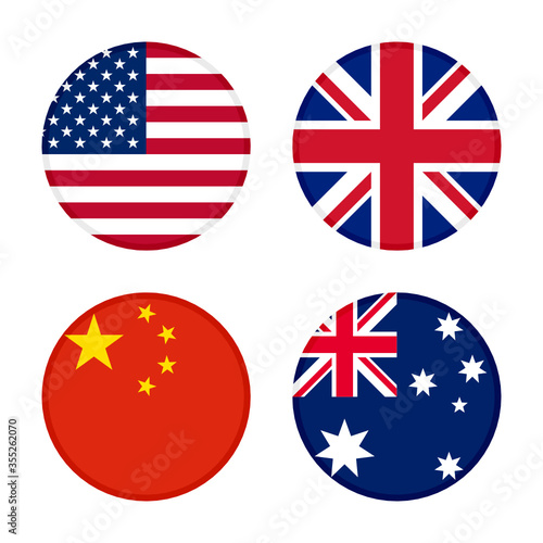 set of round icons flags. united states of america, united kingdom, china and australia flags, isolated on white background 