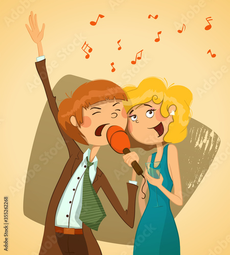 Party. A man and a woman together are singing karaoke at a corporate party.
