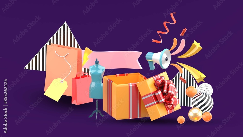 Gift boxes and shopping bags are offered as promotions.-3d rendering.