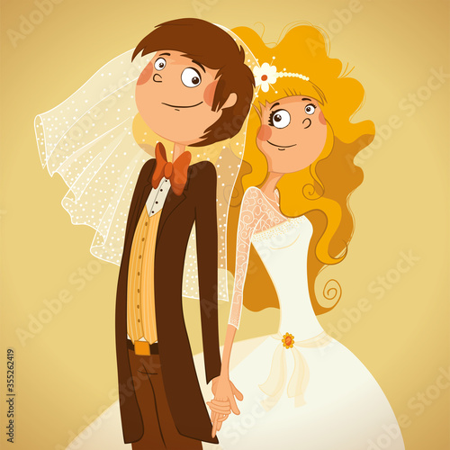 Wedding. Bride and groom holding hands.