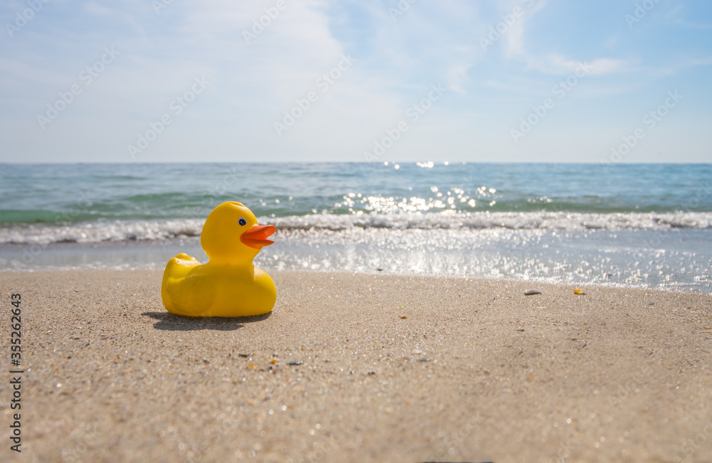 Obraz premium The opening of the long-awaited beach season. Yellow rubber duck on the seashore in the morning. 