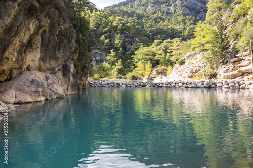 View of turquoise lake in canyon Goynuk