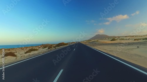 Drive by car through the dune landscape near Corralejo, Fuerteventura, Canary Islands