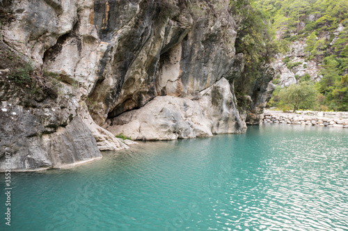 View of turquoise lake in canyon Goynuk