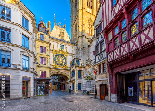 The Gros-Horloge (Great-Clock) is a fourteenth-century astronomical clock in Rouen, Normandy, France. Architecture and landmarks of Rouen. Cozy cityscape of Rouen