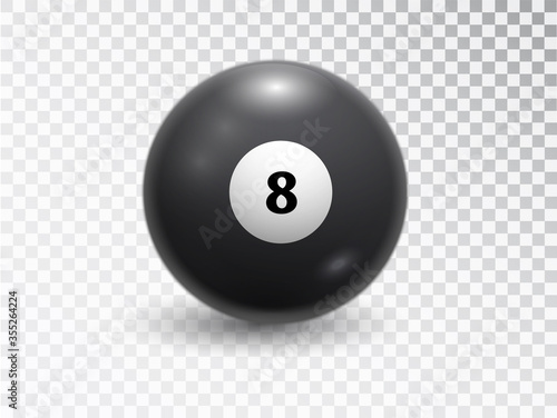 Magic ball of predictions for decision-making. Eight Billiard balls isolated on transparent background. Glossy shiny ball with number 8. Realistic black sphere