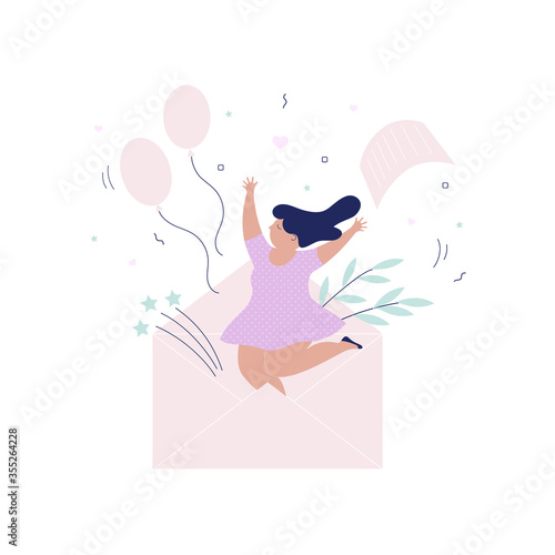 Young cheerful girl jumping out of the from the envelope with the letter.E-mail message, holiday greetings, Valentine's Day.Delivery service.Vector illustration, clip art.