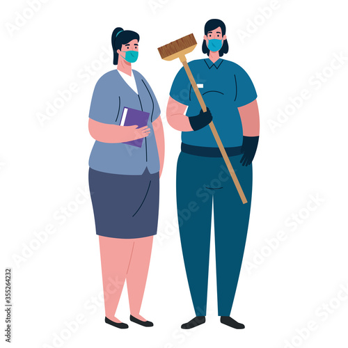 Female cleaner and woman with masks vector design