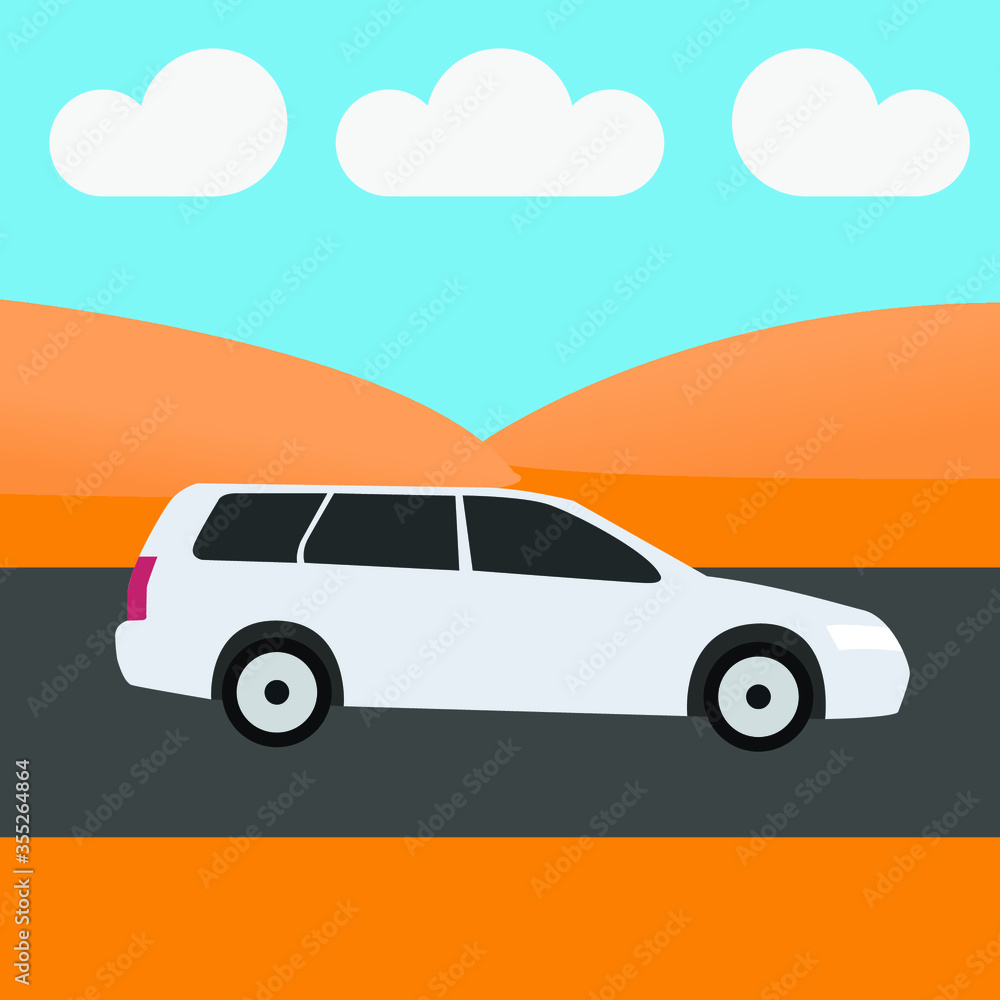 white wagon car in the desert scenery. vector graphic.