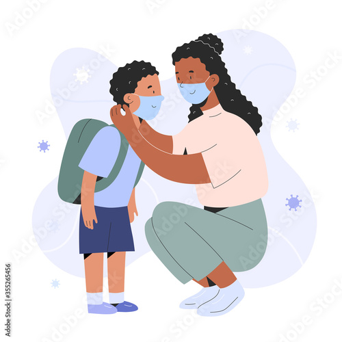 Mother putting on face mask on her child boy for protection against coronavirus infection, cartoon realistic characters, covid prevention, parent showing how to put on a mask, vector illustration