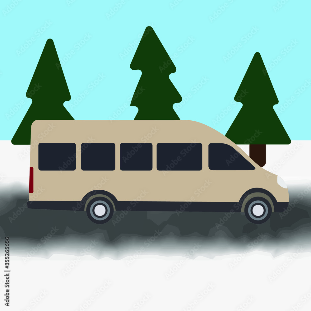 bus car in the snowy scenery. vector graphic. bus car in the snowy scenery. vector graphic.