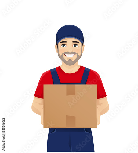 Handsome delivery man in overalls holding box smiling isolated vector illustration