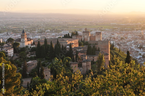 Alhambra "The Red Palace", Nasrid dynasty, at sunset, Granada