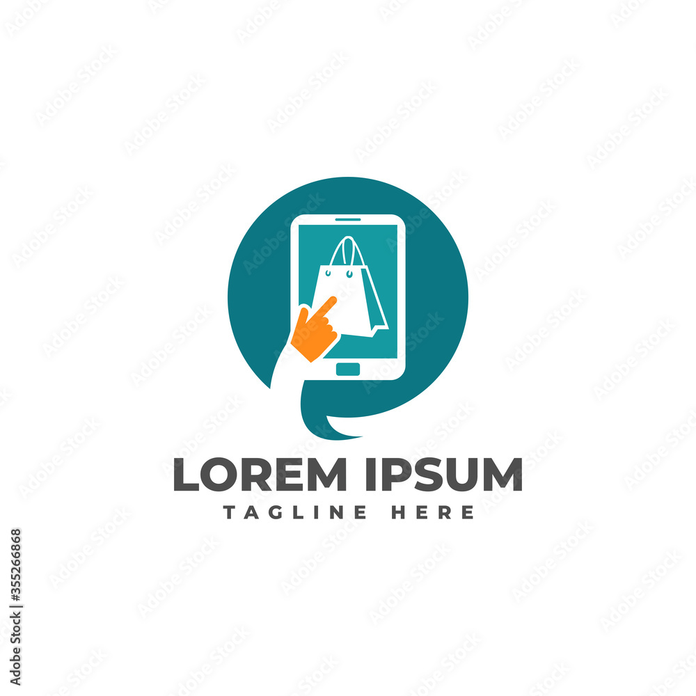 Online Shop with Mobile Phone Shopping Bag Click Logo Vector Icon Illustration Online Shop with Mobile Phone Shopping Bag Click Logo Vector Icon Illustration