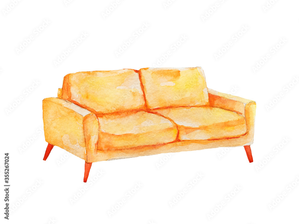 Soft and cozy sofa in bright colors for a comfortable stay. Watercolor image isolated on a white background.