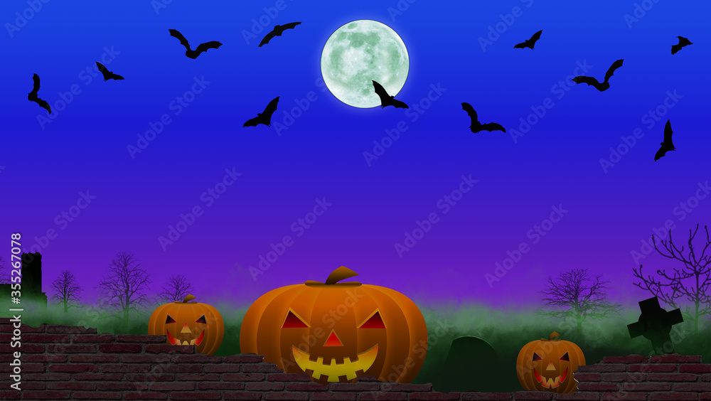 Scary pumpkin heads looking over a cemetery wall with green fog, bats flying and a full moon on a dark blue night sky
