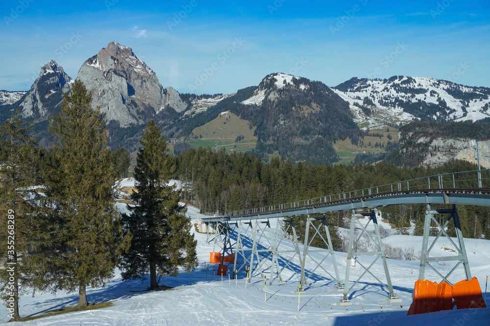 The steel construction of the Stoosbahn at the upper station in Stoos