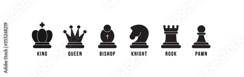 Chess pieces icon set. Included icon king, queen, bishop, knight, rook, pawn. Black silhouettes isolated on white background. Chess pictogram. Set of strategy icons in line style Vector symbols.