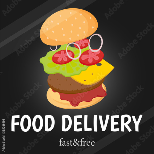 Food delivery. Online delivery service concept. Banner  card. Fast and free. Vector illustration  