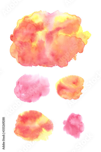 Hand painted watercolor set. Can be used as a decorative background for creative design of posters, cards, invitations, wallpapers, banners, websites. Red and yellow paints.