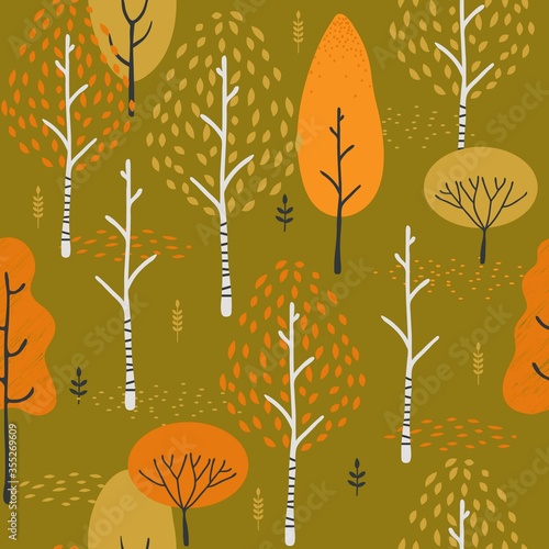 Vector seamless pattern autumn forest. Forest landscape with trees.
