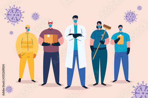 people workers with uniforms and workermasks vector design