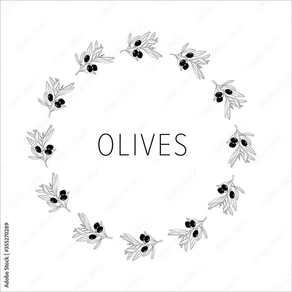 round frame with olive branches. Hand drawn vector illustration. Stock ...