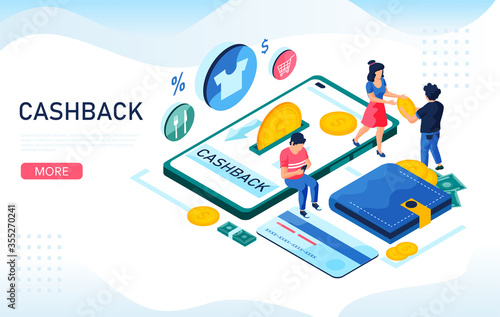 Cashback money  online service isometric concept. Smartphone  cashback money credit card. Isometric vector illustration