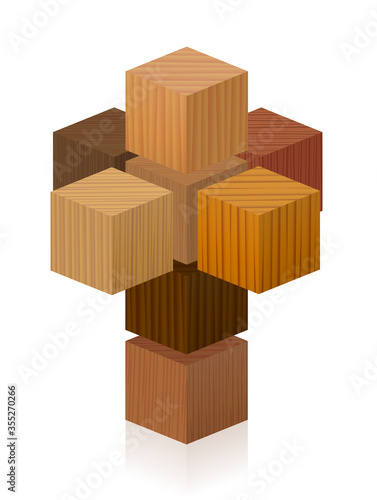 Corpus Hypercubus, Tesseract or Octachoron folded in 4th dimension to get a 4D Hypercube, a special mathematical and geometrical issue. Eight wooden textured cubes, vector on white.
