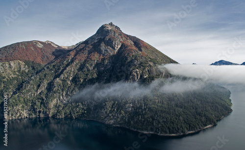 Aerial view of the mountains, forest and lake Nahuel Huapi in Bariloche, Patagonia Argentina.