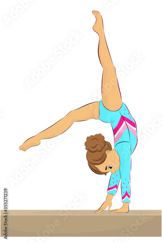 Vector illustration of a young female gymnast performing on balance beam, back walkover