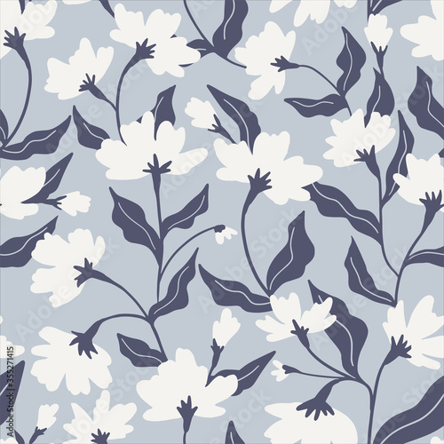 Vector seamless background with flowers, vintage style. Hand drawn fabric design. Vector cute repeated pattern for fabric, wallpaper or wrap paper