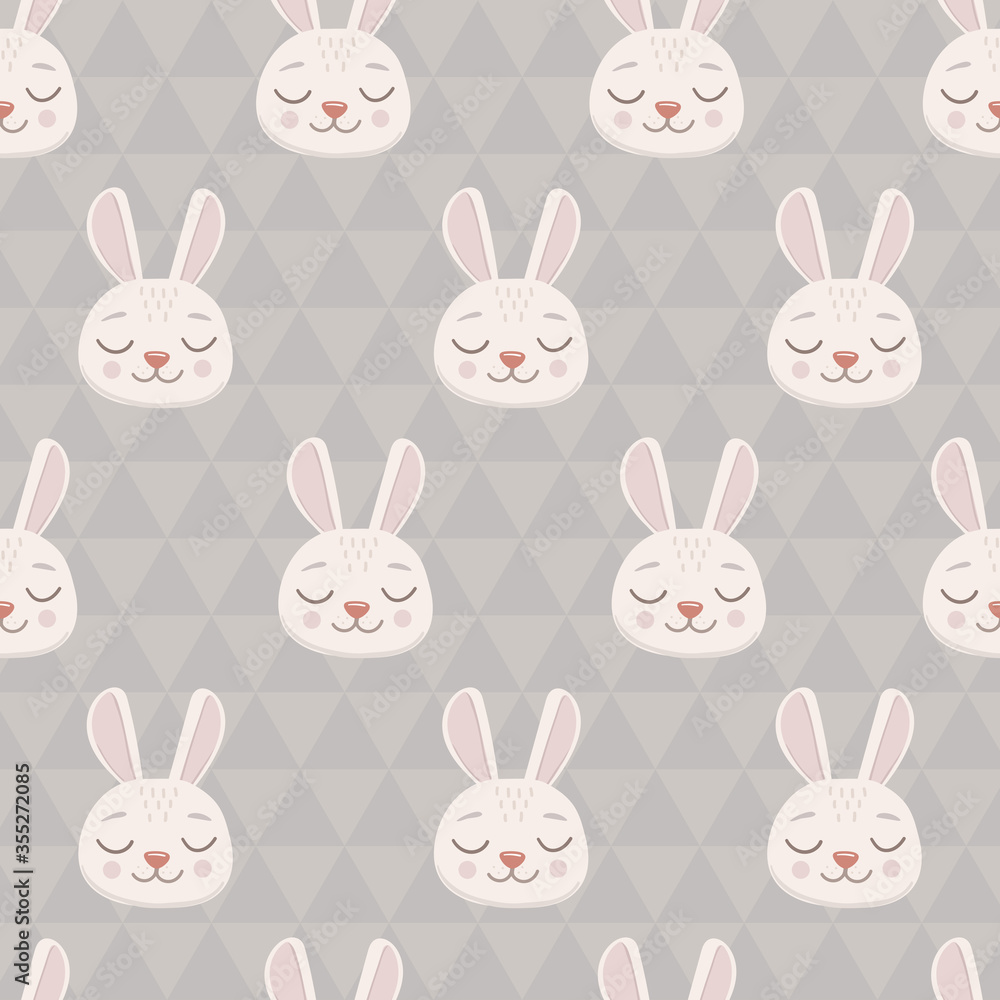 Seamless pattern with grey bunny head face with closed eyes. Cute cartoon funny character on a triangular background. Seamless pattern with grey bunny head face with closed eyes. Cute cartoon funny character on a triangular background.